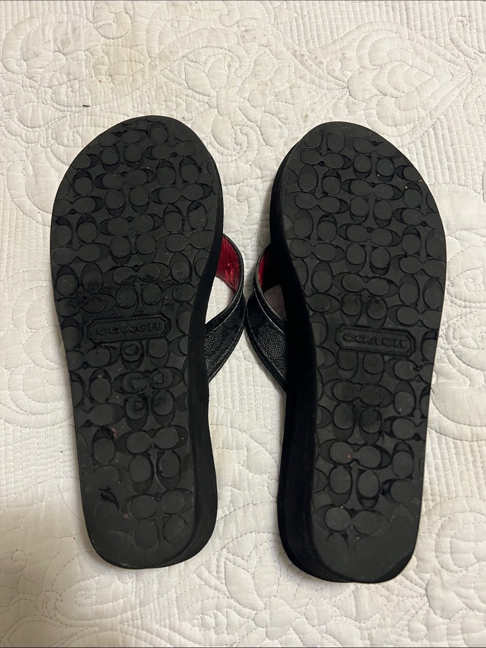 Coach Black Leather Flip Flops with Red Accent and Gold Logo - Picture 2 of 2